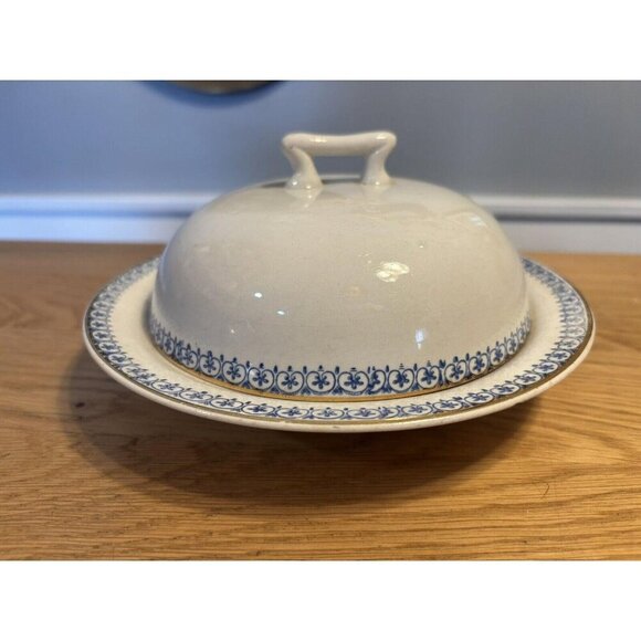 Vintage Smith Phillips Semi Porcelain Blue White Round Covered Butter Dish w/Lid - Picture 1 of 9